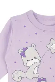 Kız Bebek Lila Yıldızlı Ayıcık Baskılı Patikli Pijama Takımı 0-3 Ay 5