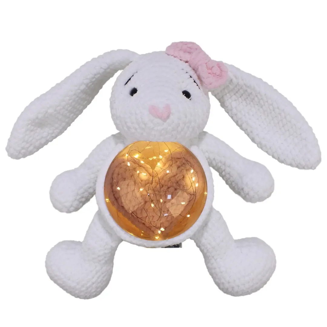 Amigurumi Beyaz Pembe Büyük Tavşan Gece Lambası Pilli Aksesuar Oyuncak