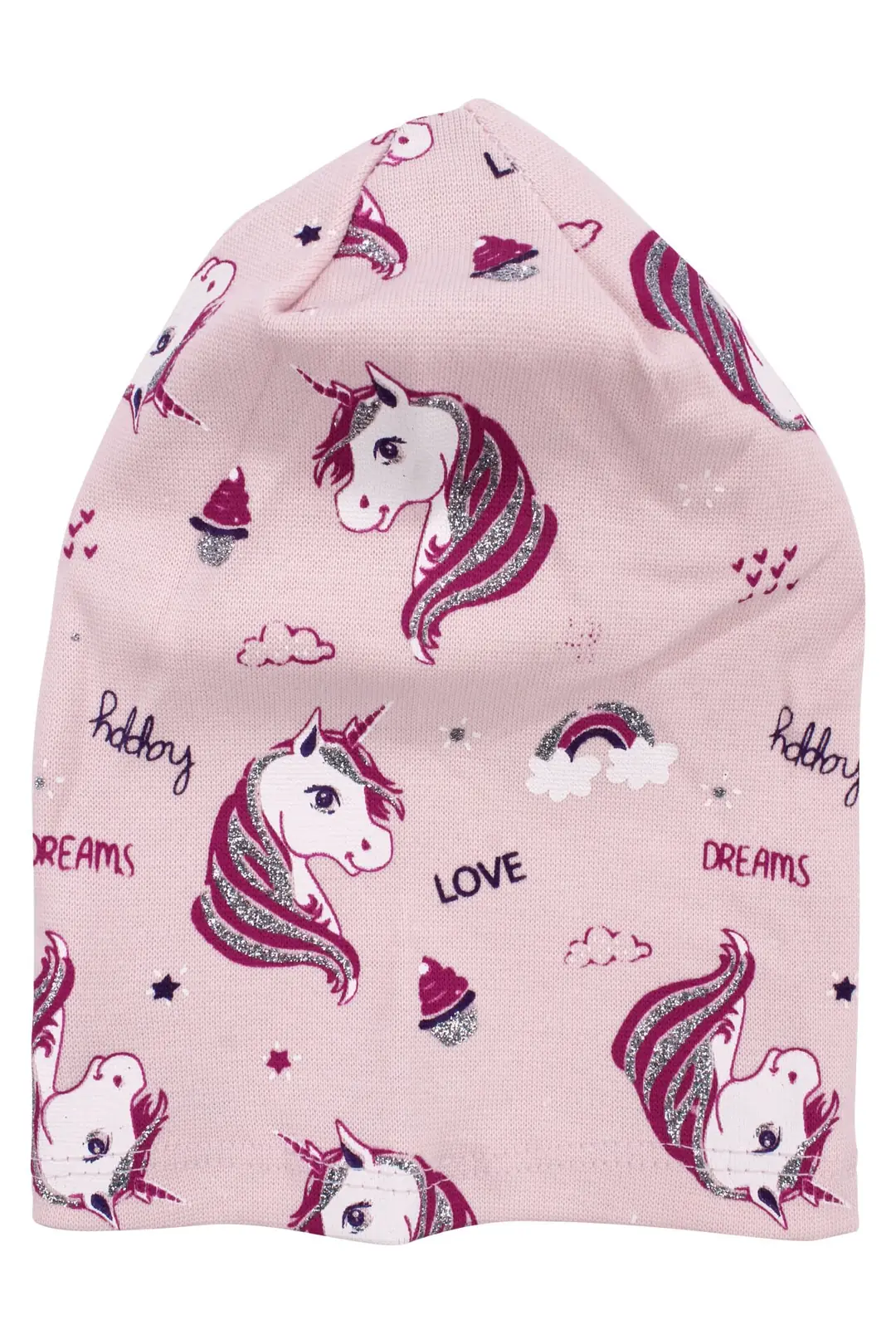 Kız Bebek Somon Gri Simli Pembe Unicorn Desenli Bere 0-6 Ay 1