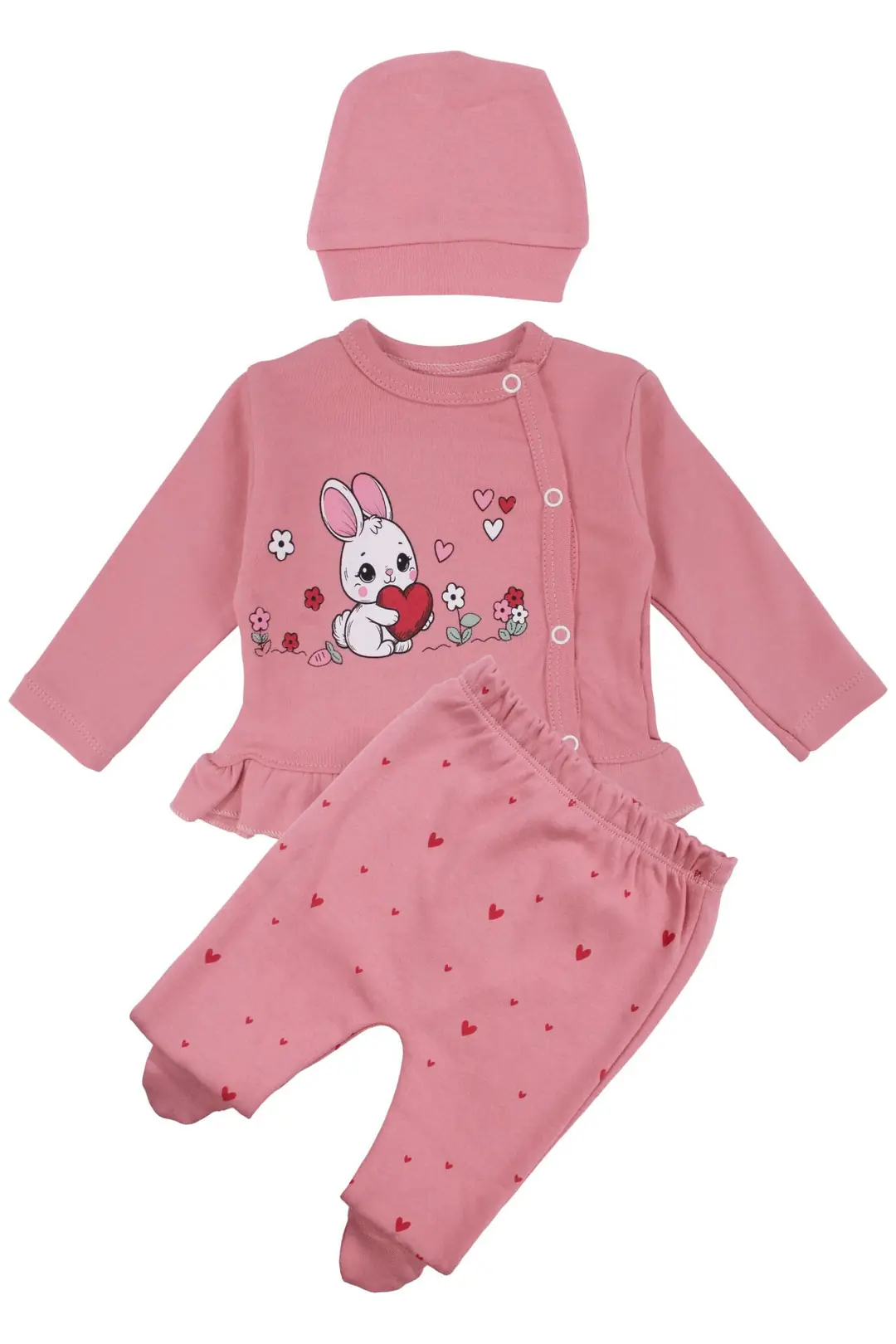 Kız Bebek Pembe Tavşan Baskılı Fırfırlı Patikli Pijama Takımı 0-3 Ay 1