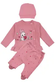 Kız Bebek Pembe Tavşan Baskılı Fırfırlı Patikli Pijama Takımı 0-3 Ay 1