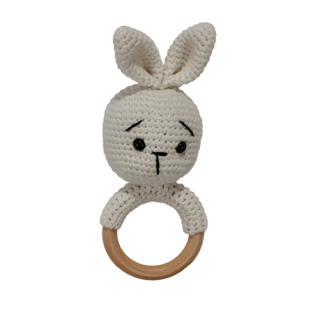 Amigurumi Sevimli Ekru Tavşan Diş Kaşıyıcı Çıngıraklı Organik Oyuncak 1