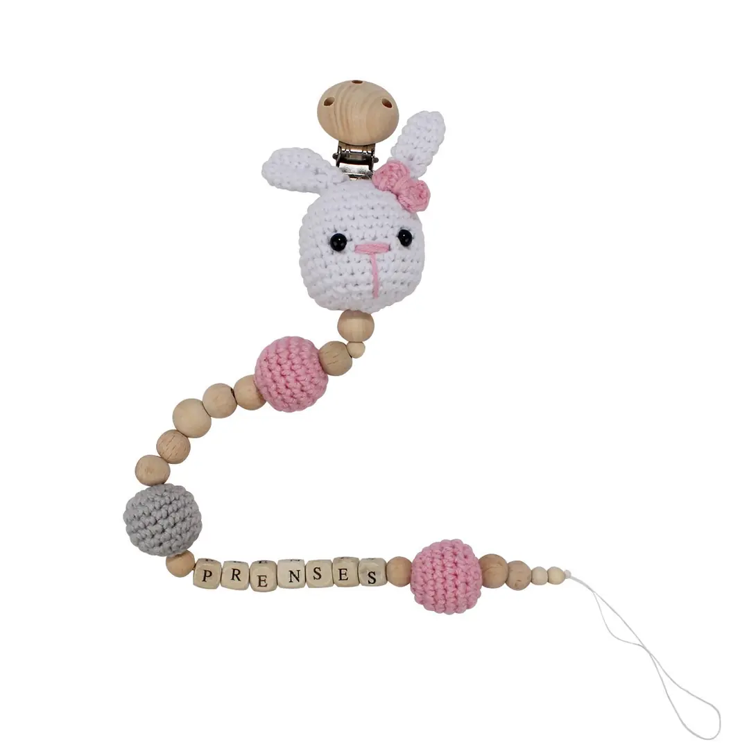 Kız Bebek Amigurumi Beyaz Pembe Tavşanlı Organik Ahşap Boncuklu İsimli İsme Özel Emzik Askısı 1