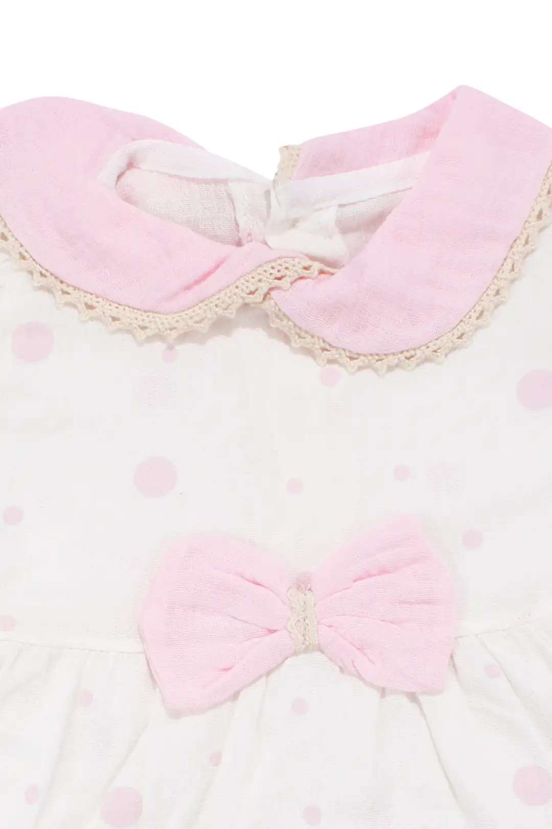 Kız Bebek Ekru Pembe Fistolu Bebe Yaka Puanlı Elbise 3
