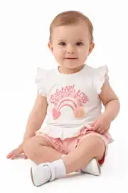 Kız Bebek Ekru Somon Gökkuşağı Fırfırlı Şortlu 2'li Takım 1