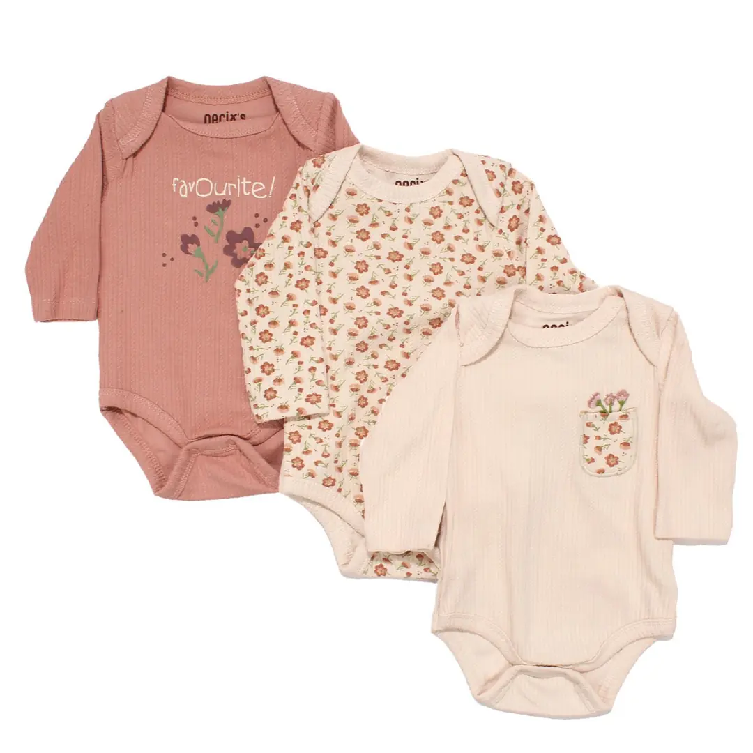 Kız Bebek Ekru Bej Pudra Çiçek Desenli 3'lü Zıbın Set 1