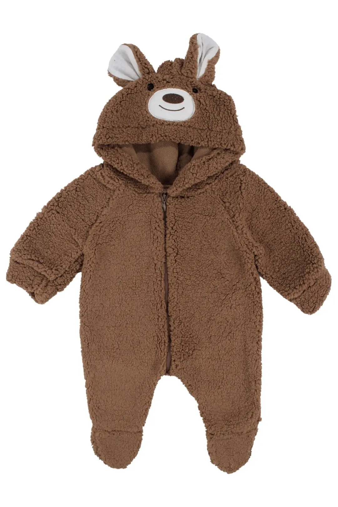 Unisex Kahve Ayı Nakışlı Kapşonlu Peluş Tulum 1