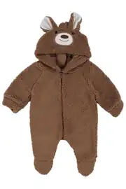 Unisex Kahve Ayı Nakışlı Kapşonlu Peluş Tulum 1