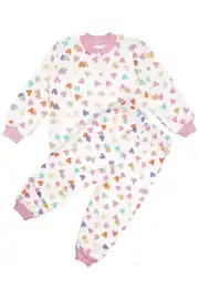 Kız Çocuk Ekru Pembe Renkli Kalpli Desenli Çıtçıtlı Pijama Takımı 2