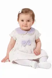 Kız Bebek Ekru Lila Fistolu Bebe Yaka Puanlı Elbise 1