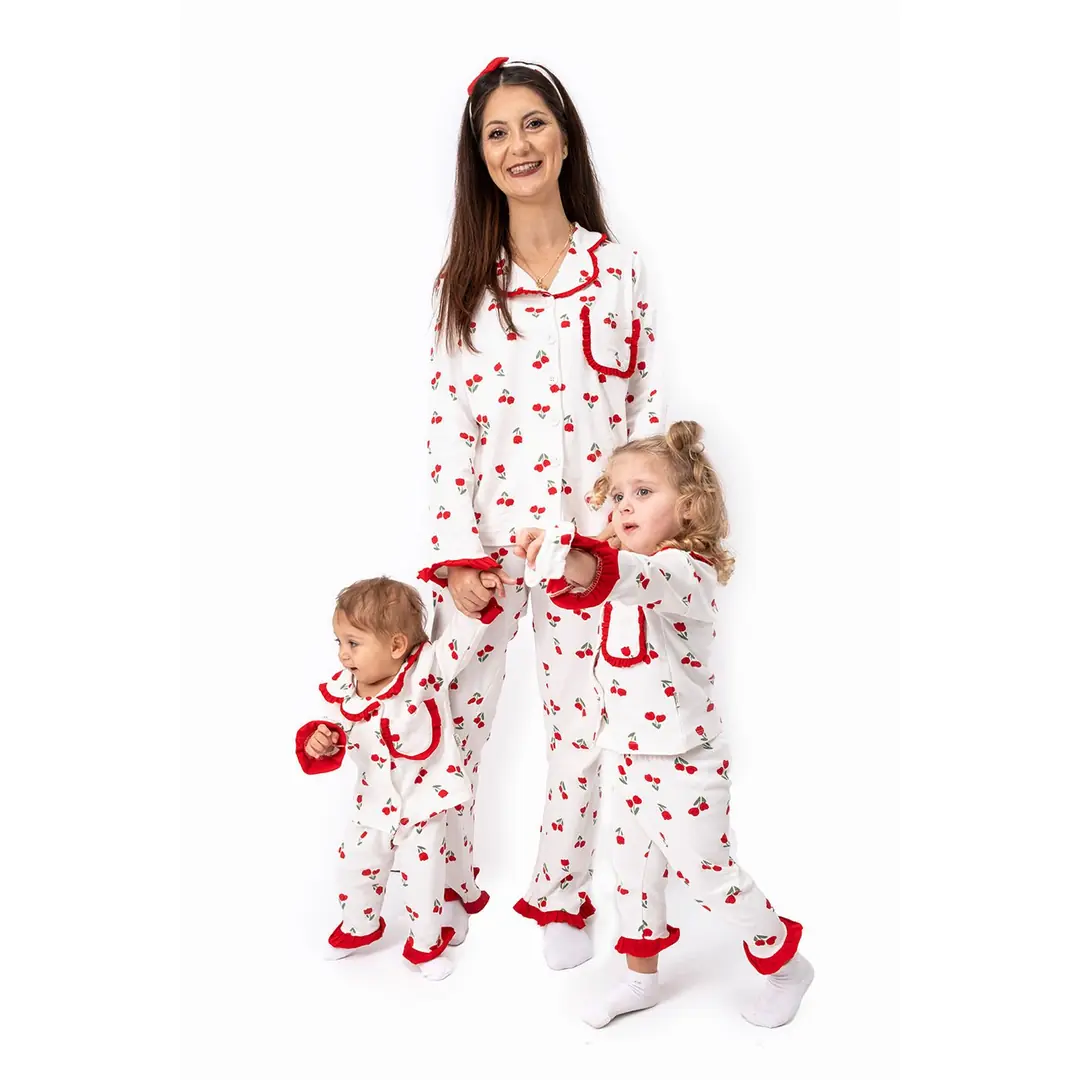 Kadın Anne Ekru Kırmızı Lale Desenli Fırfırlı Bandanalı Pijama Takımı 1