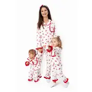 Kadın Anne Ekru Kırmızı Lale Desenli Fırfırlı Bandanalı Pijama Takımı 1