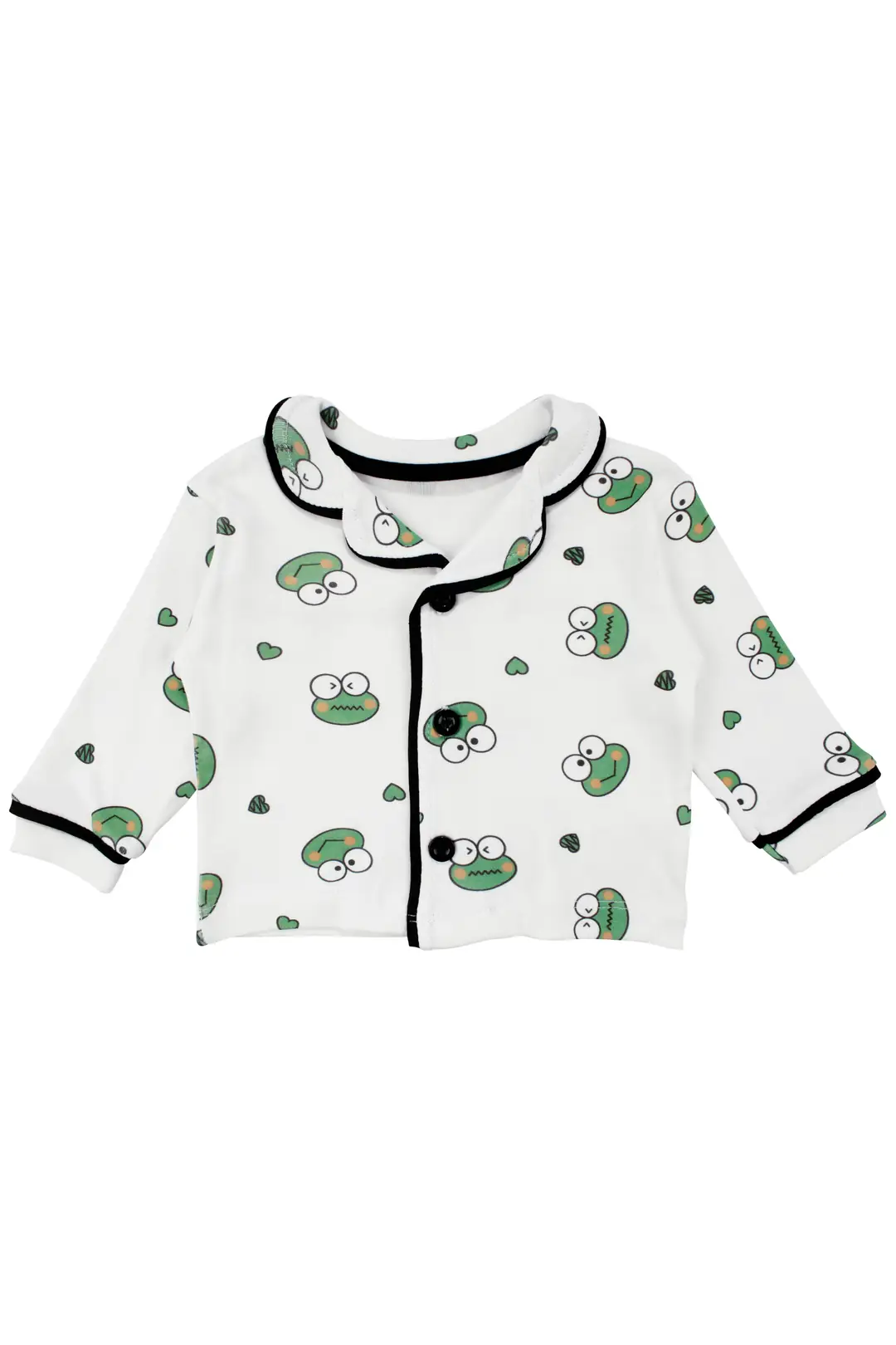 Unisex Ekru Yeşil Kurbağa Desenli Kruvaze Yaka Pijama Takımı 3