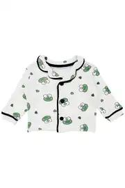 Unisex Ekru Yeşil Kurbağa Desenli Kruvaze Yaka Pijama Takımı 3