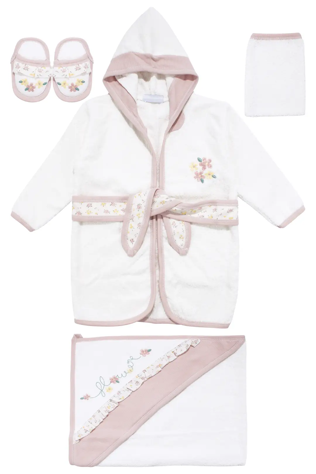 Kız Bebek Beyaz Pembe Çiçek Nakışlı Havlu Bornoz Set 2