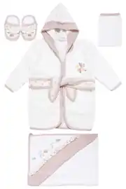 Kız Bebek Beyaz Pembe Çiçek Nakışlı Havlu Bornoz Set 2