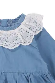 Kız Bebek Ekru Dantel Yakalı Tokalı Kot Elbise 3