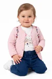 Kız Bebek Pembe Laci Koala Çiçek Nakışlı Kapitone Ceketli 3'lü Takım 1