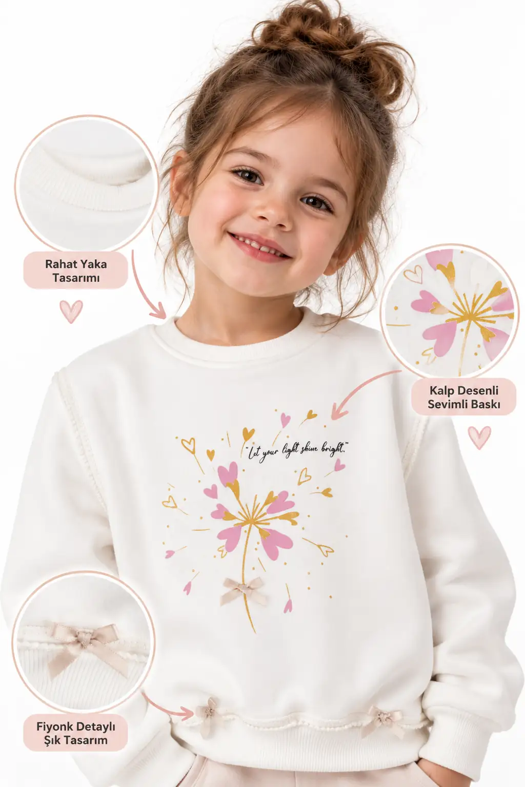 Kız Çocuk Beyaz Kalp Baskılı Sweat