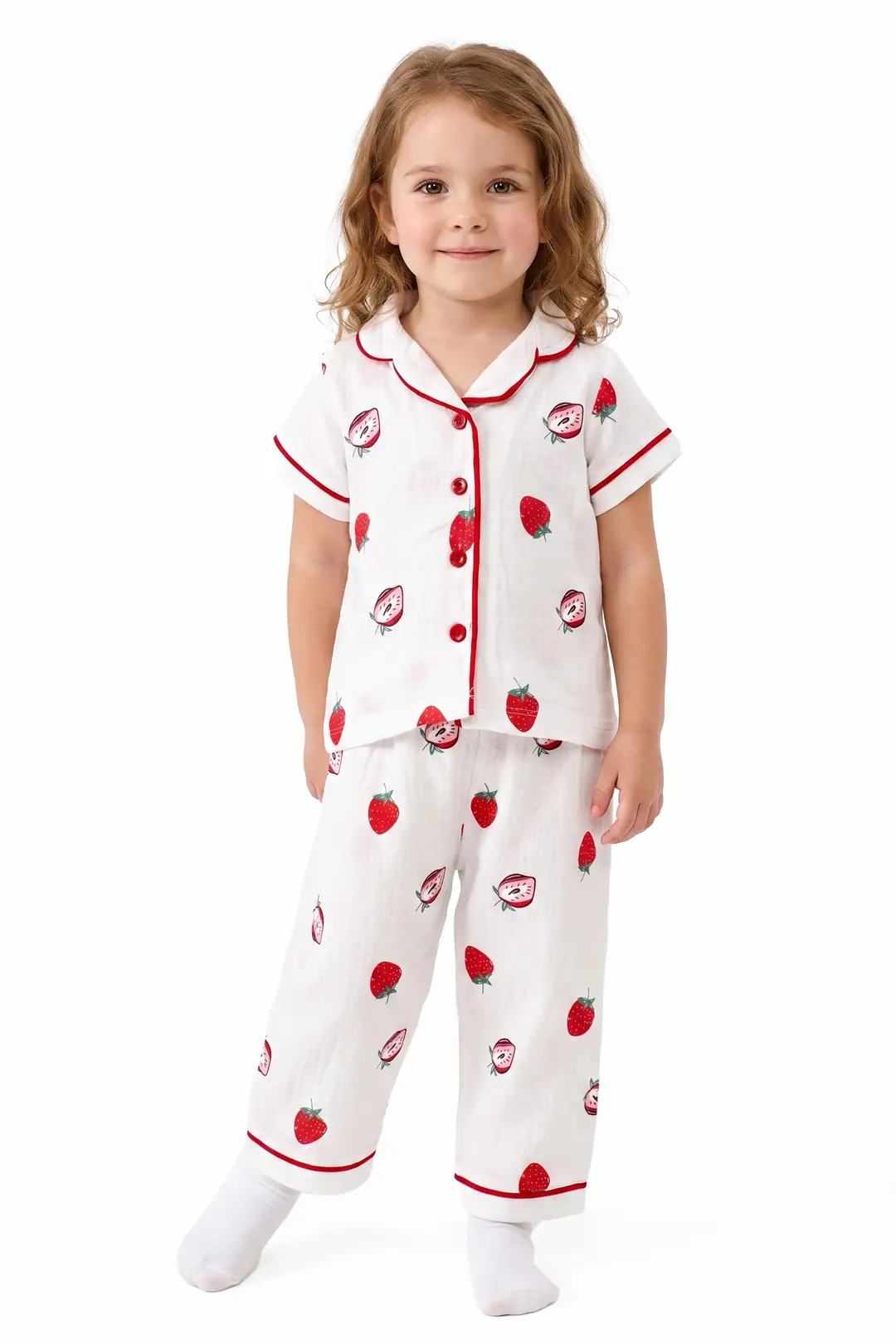 Kız Bebek Beyaz Kırmızı Çilek Baskılı Müslin Pijama Takımı