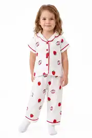 Kız Bebek Beyaz Kırmızı Çilek Baskılı Müslin Pijama Takımı 1