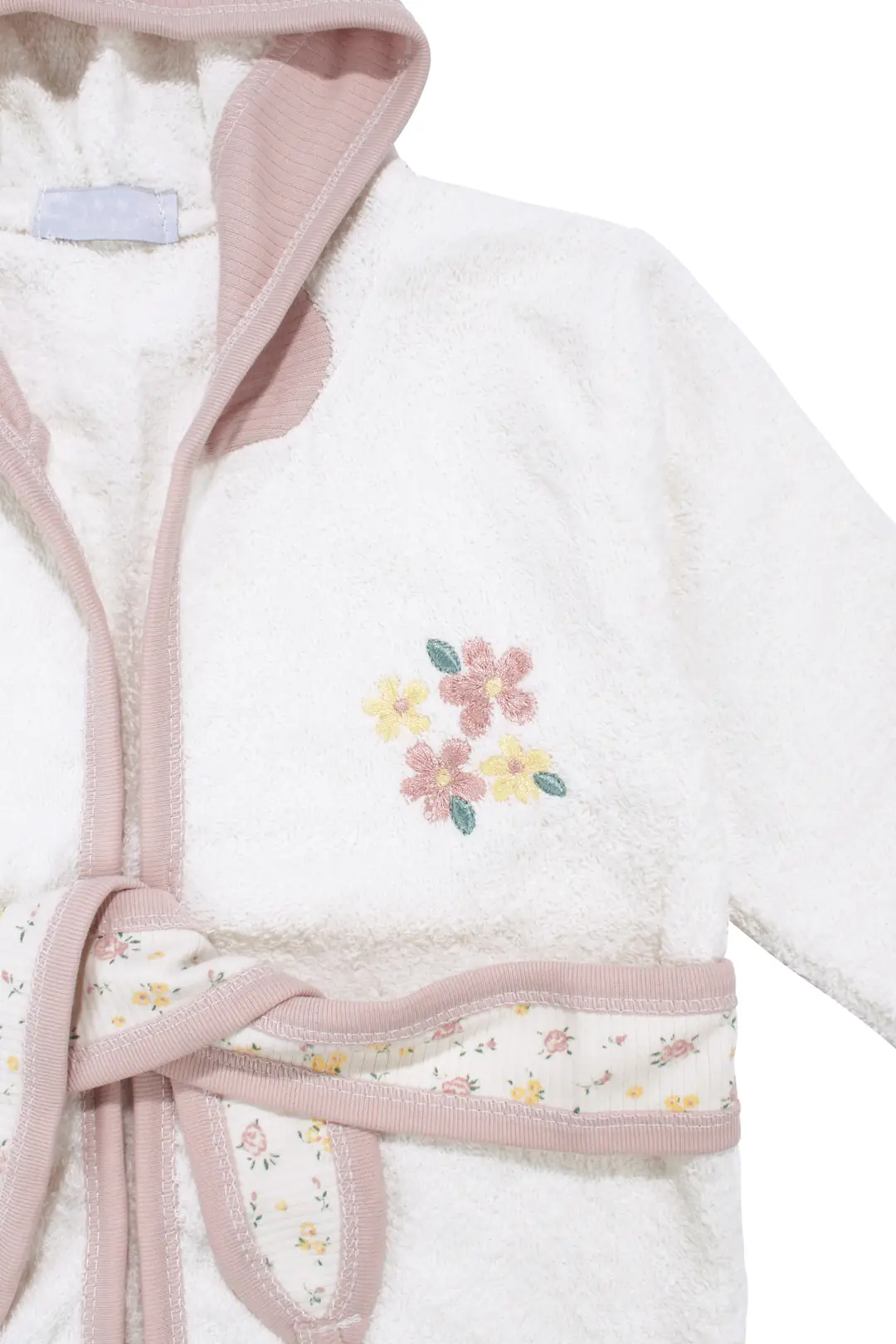 Kız Bebek Beyaz Pembe Çiçek Nakışlı Havlu Bornoz Set 4