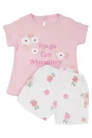 Kız Bebek Ekru Pembe Hugs For Mommy Çiçek Baskılı Şortl 2'li Takım 2