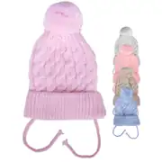 Kız Bebek Pembe Saç Örgülü Ponponlu İpli Triko Bere 0-6 Ay 1