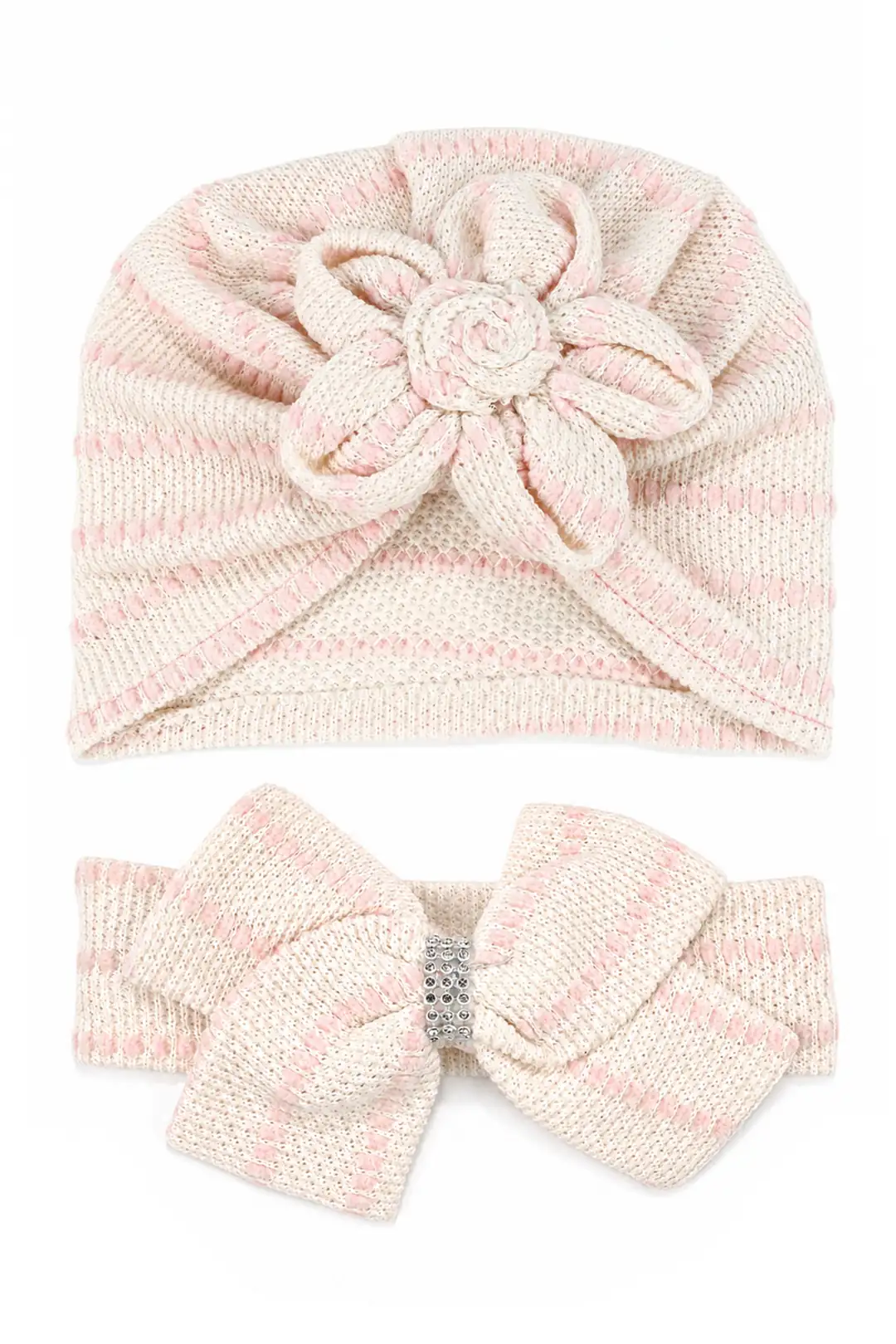 Kız Bebek Pembe Ekru Çizgili Papatyalı Bone Ve Fiyonklu Bandana İkili Set