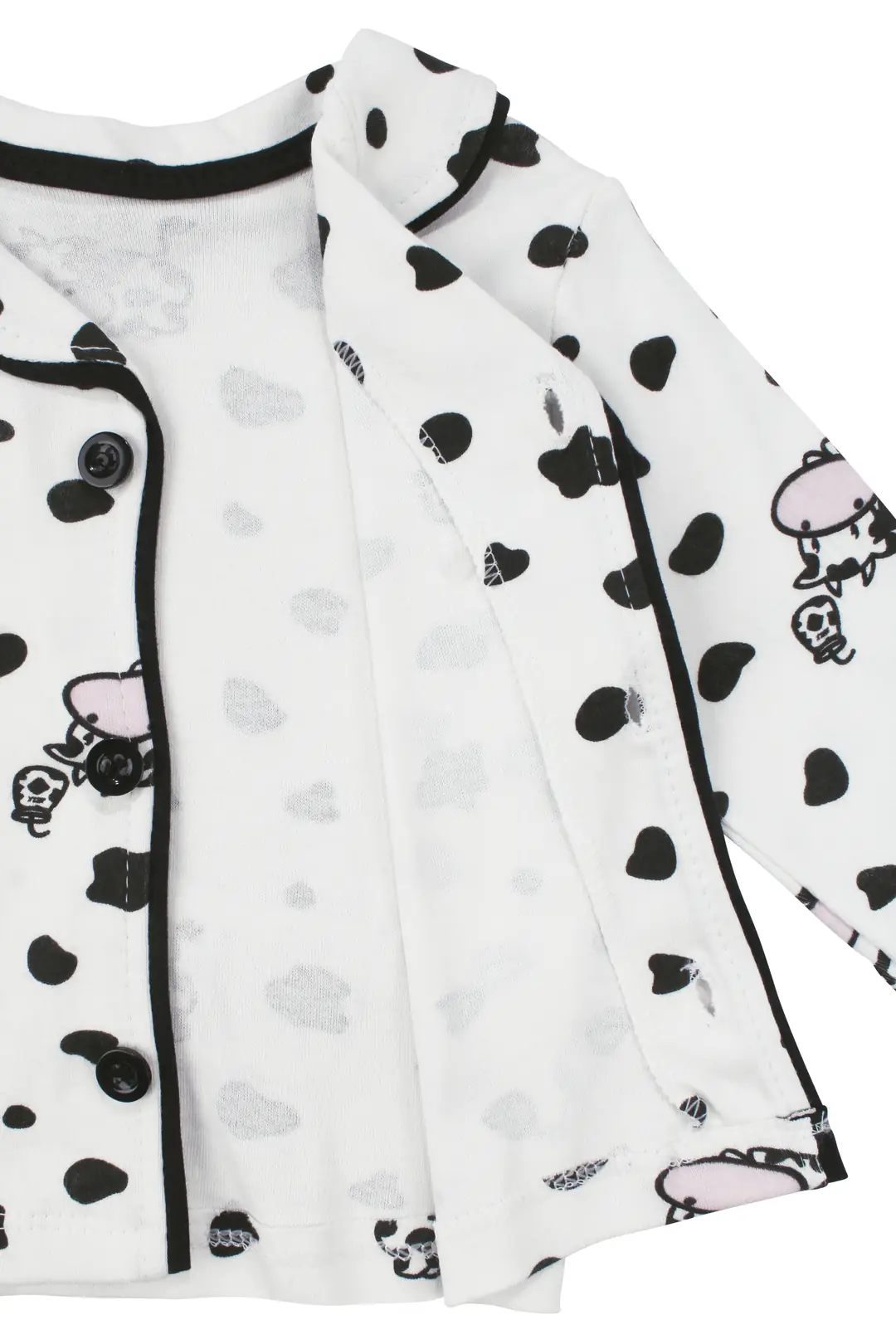 Unisex Ekru Siyah İnek Desenli Kruvaze Yaka Pijama Takımı 3