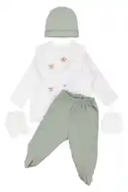 Unisex Beyaz Yeşil Sarı Zürafa Ayı Nakışlı 7 Parça Hastane Çıkış Seti 2
