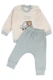 Erkek Bebek Ekru Yeşil Ayıcık Baskılı Pijama Takımı 1