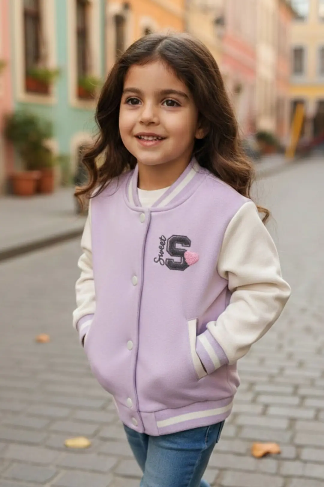 Kız Çocuk Mor Krem 3 İp Kolej Hırka 1