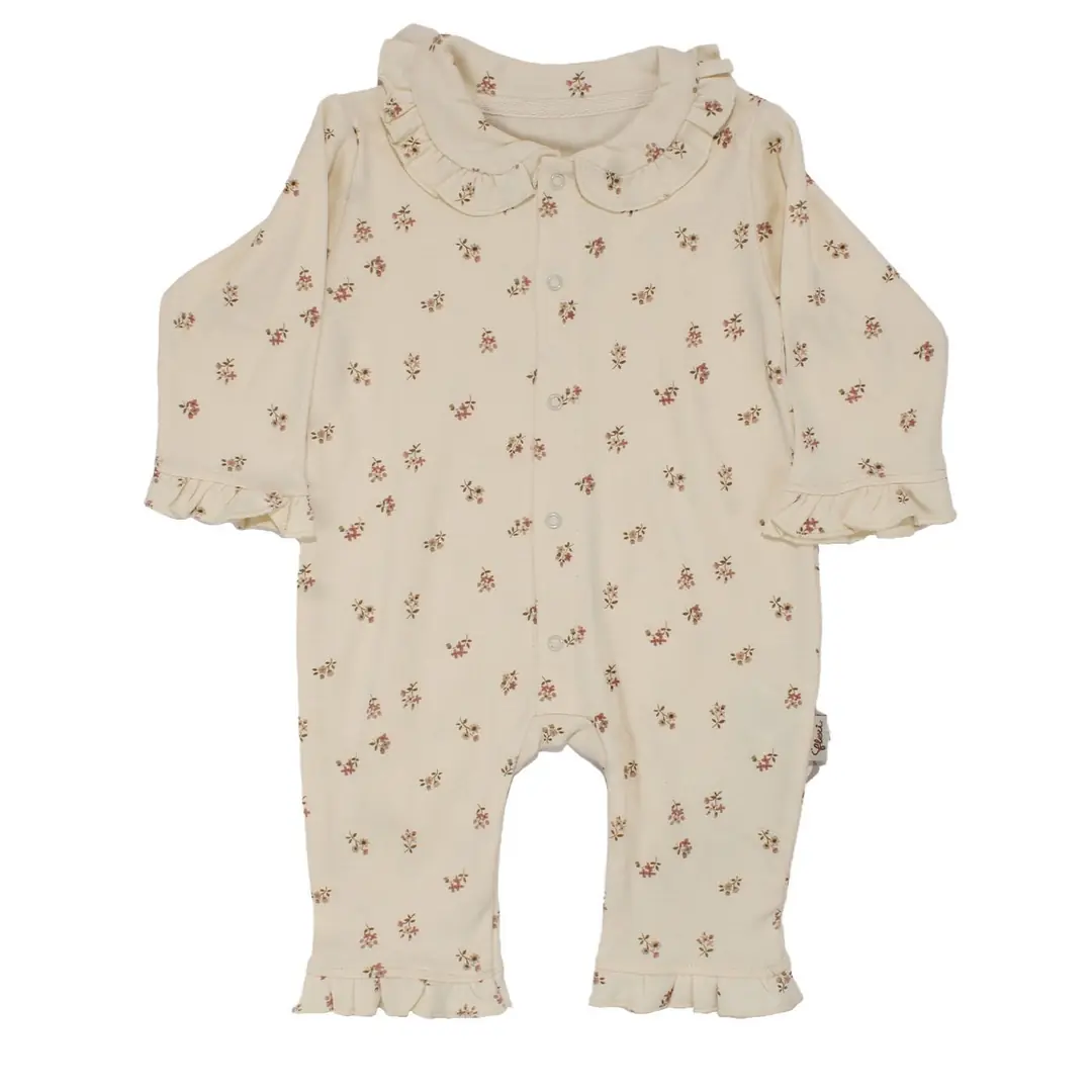 Kız Bebek Ekru Minik Çicekli Kolları Fırfırlı Bebe Yaka Çıtçıtlı Tulum 1
