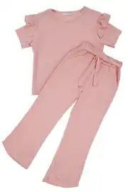 Kız Çocuk Somon Kolları Fırfırlı Çicek Nakışlı Bürümcük 2 li Takım 2