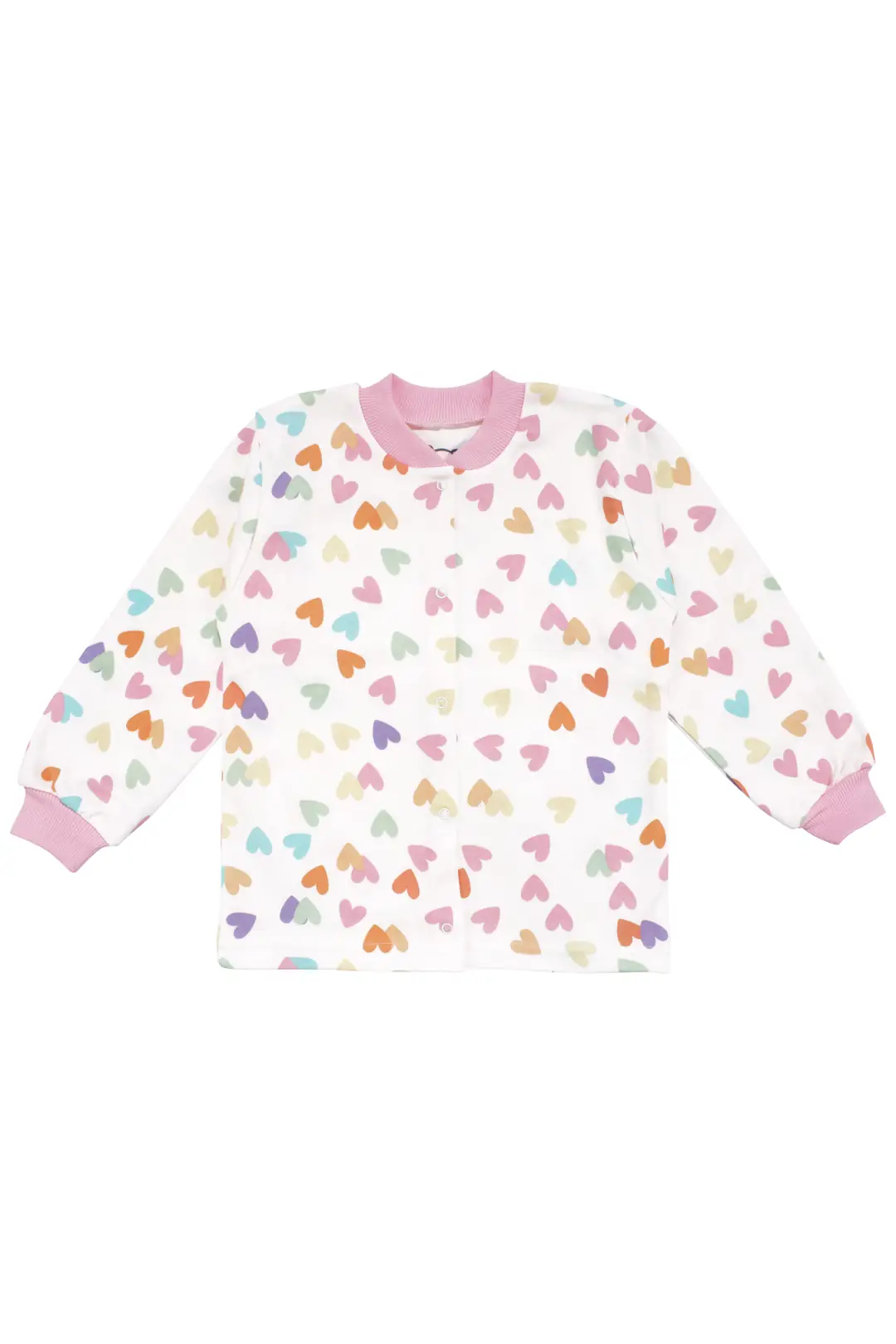 Kız Çocuk Ekru Pembe Renkli Kalpli Desenli Çıtçıtlı Pijama Takımı 3