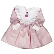 Kız Çocuk Pudra Ekru Fırfırlı Cupcake Nakışlı Uzun Kollu Elbise 1