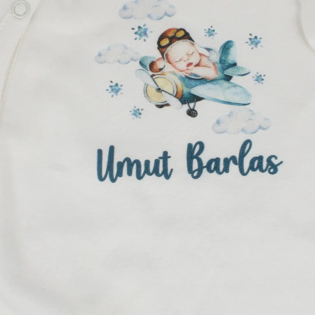 Uçak Baskılı UMUT BARLAS Yazılı İsme Özel Ekru Sade Şapkalı Tulum 2