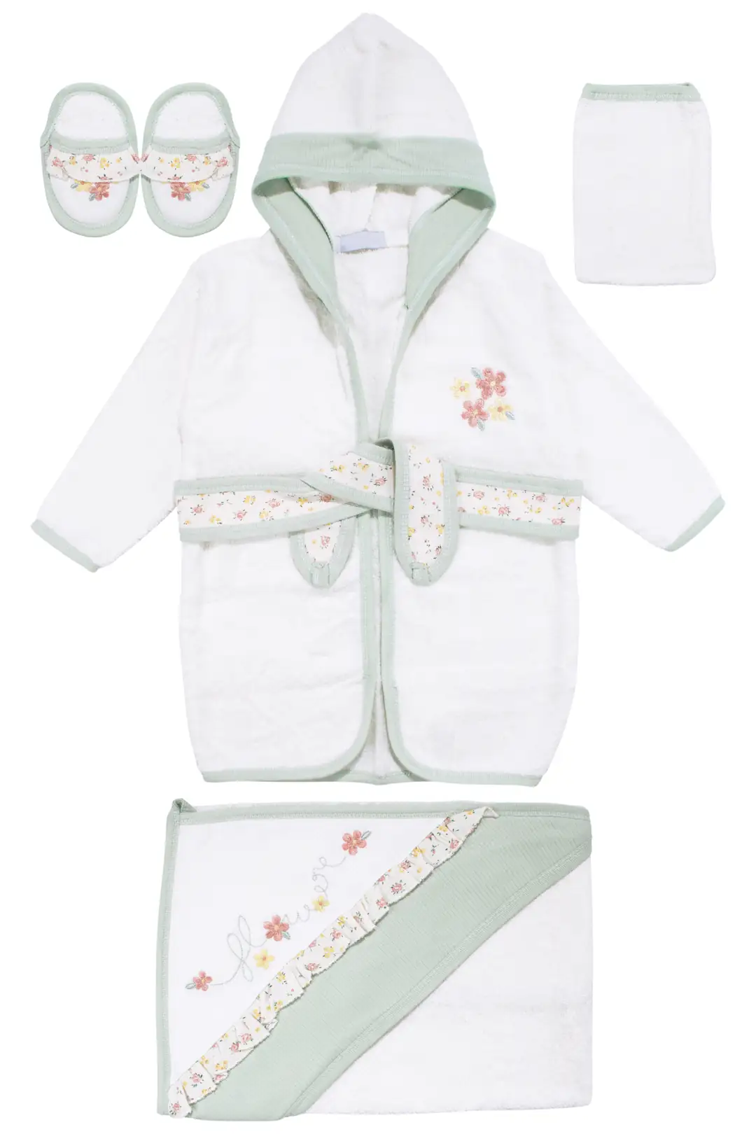 Kız Bebek Beyaz Yeşil Çiçek Nakışlı Havlu Bornoz Set 2