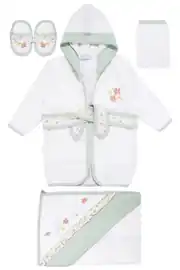 Kız Bebek Beyaz Yeşil Çiçek Nakışlı Havlu Bornoz Set 2