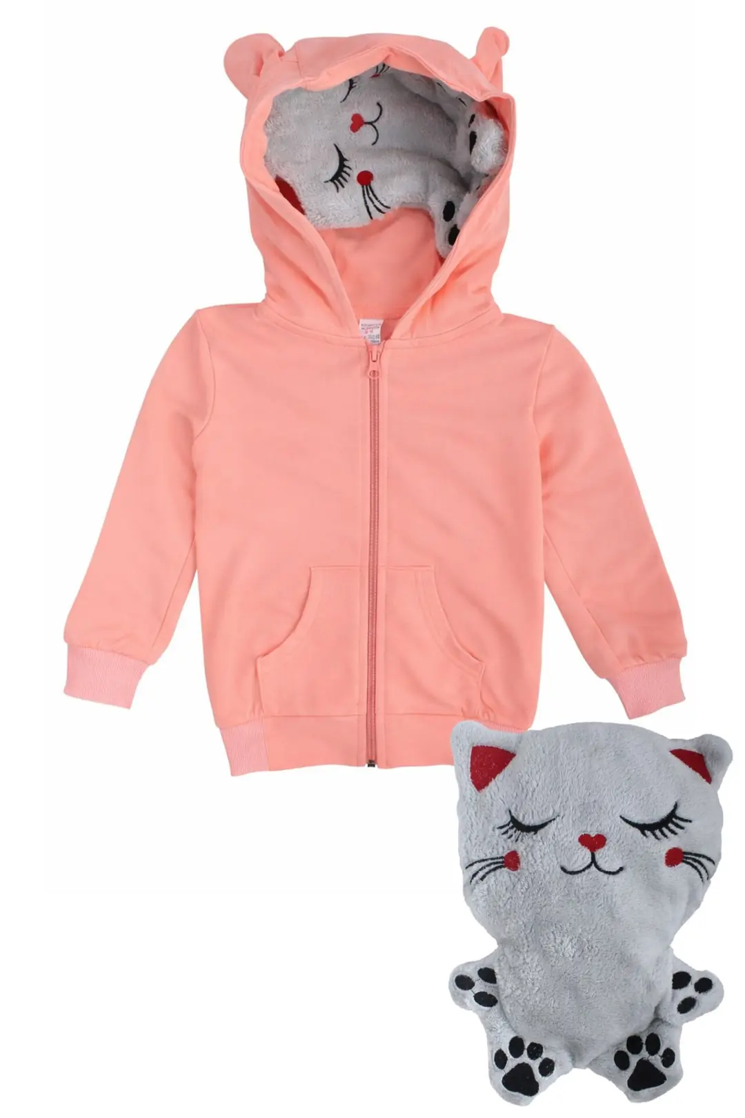 Unisex Kendinden Peluş Oyuncak Kedili Gri Fermuarlı Kapşonlu Hırka 4