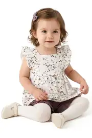 Kız Bebek Beyaz Mor Minik Çiçek Desenli Kolları Fırfırlı Müslin 2'li Takım 1