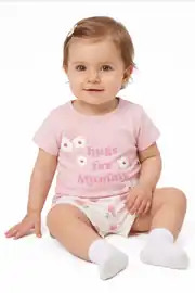 Kız Bebek Ekru Pembe Hugs For Mommy Çiçek Baskılı Şortl 2'li Takım 1