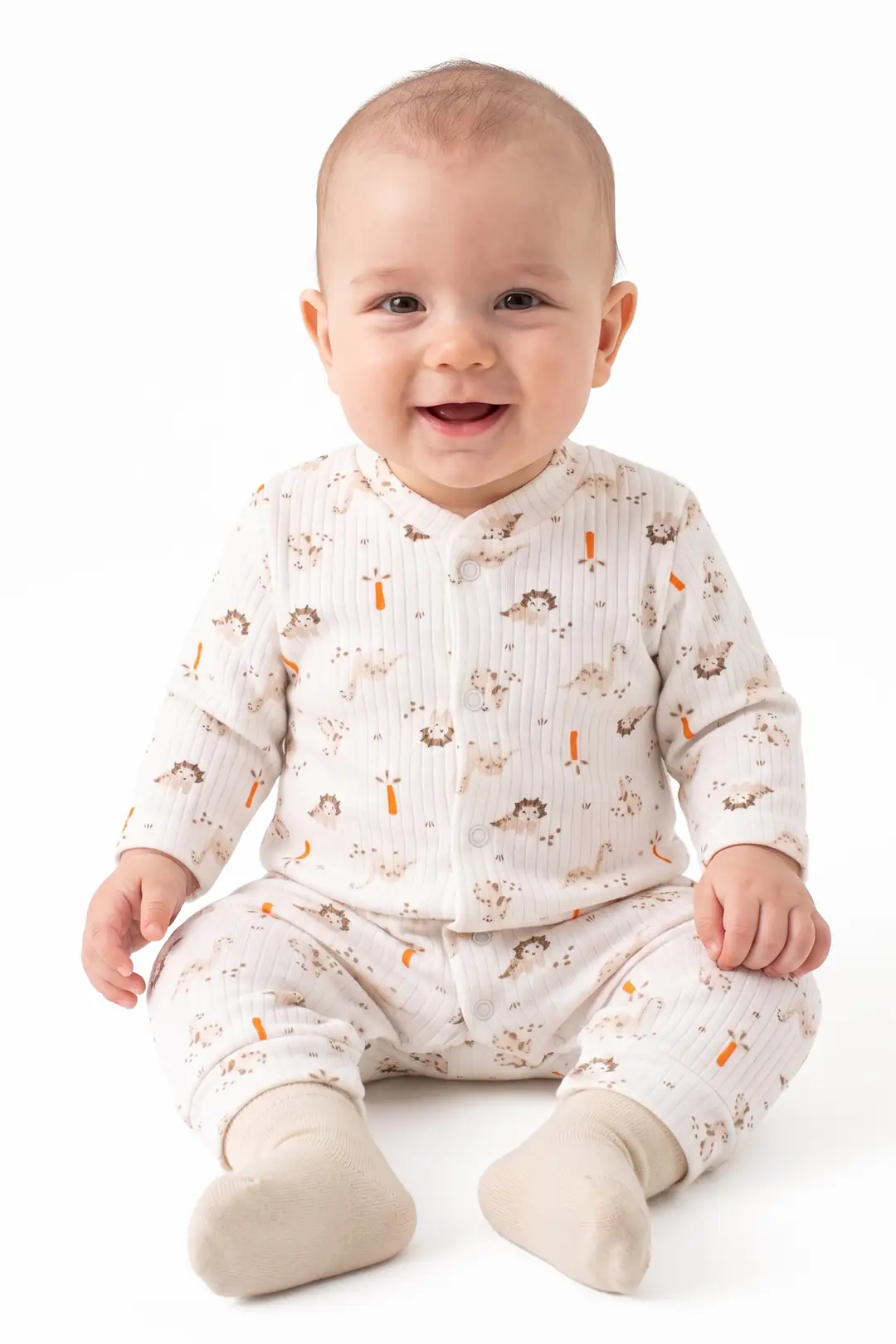 Erkek Bebek Ekru Dino Baskılı Çıtçıtlı Manşetli Tulum
