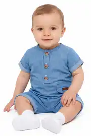 Erkek Bebek Mavi Düğmeli Cepli Şort Tulum 1