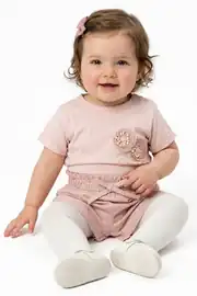Kız Bebek Pembe Tomurcuk Çiçek Kabartmalı Şortlu 2'li Takım 1