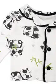 Unisex Ekru Siyah Panda Desenli Kruvaze Yaka Pijama Takımı 4
