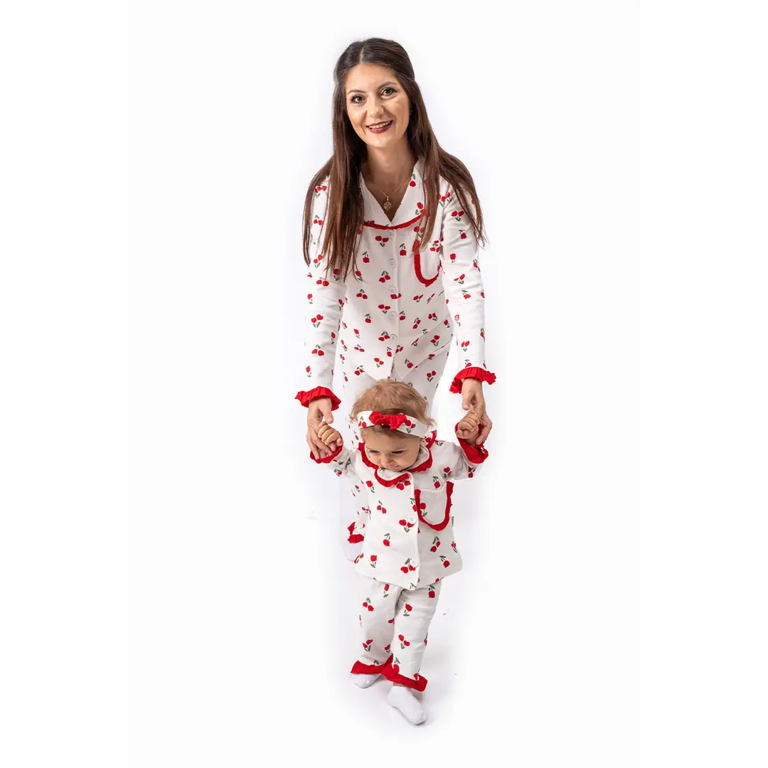 Kadın Anne Ekru Kırmızı Lale Desenli Fırfırlı Bandanalı Pijama Takımı 2