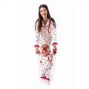 Kadın Anne Ekru Kırmızı Lale Desenli Fırfırlı Bandanalı Pijama Takımı 2