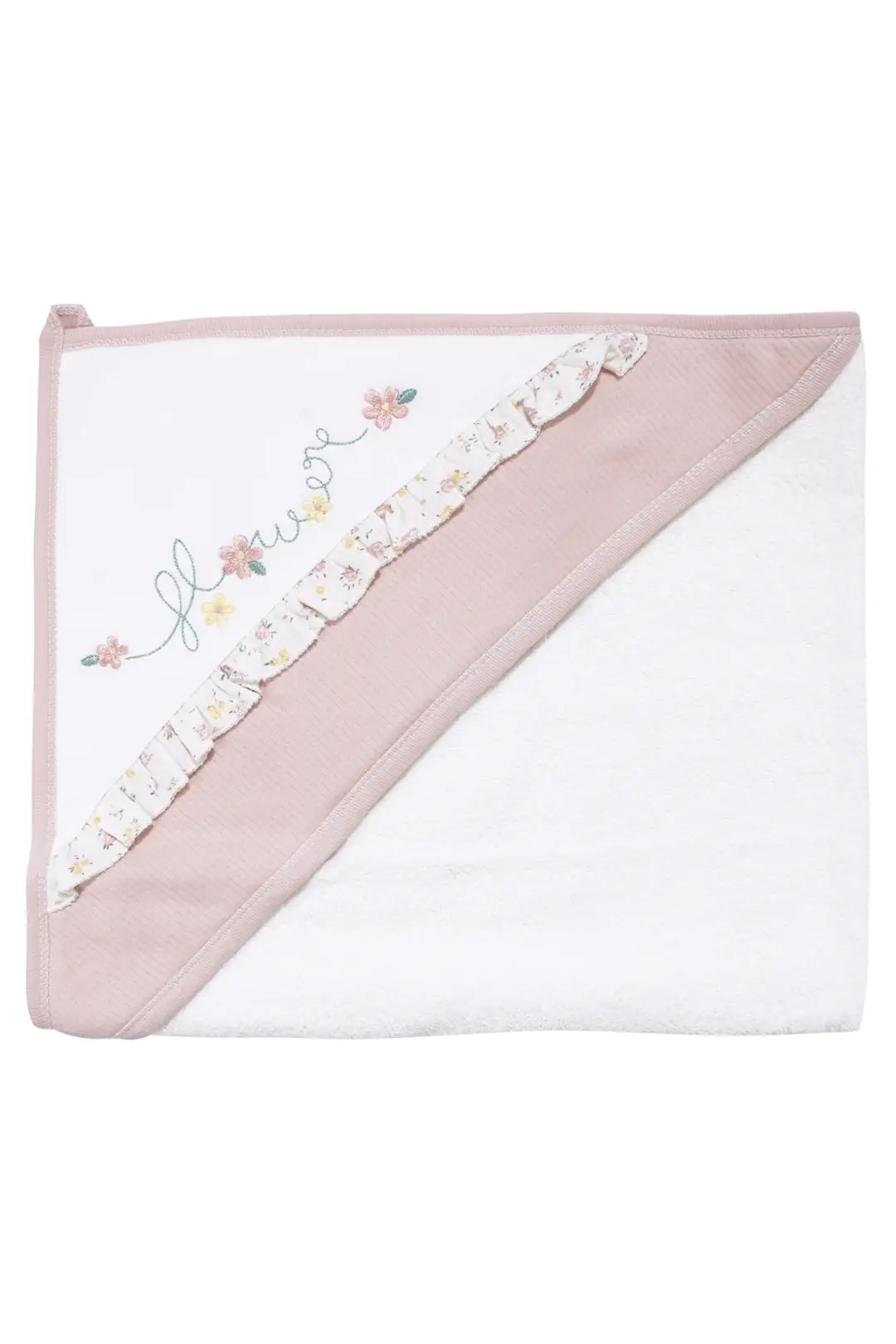 Kız Bebek Beyaz Pembe Çiçek Nakışlı Havlu Bornoz Set 5